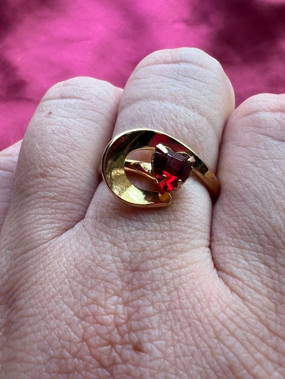Vintage Gold Tone Ring with Red Heart Stone